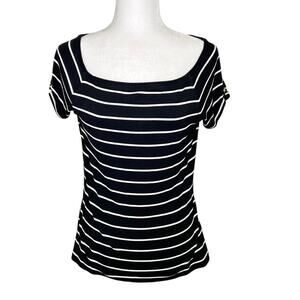 White House Black Market Black White Striped Square Neck Short Sleeve Top